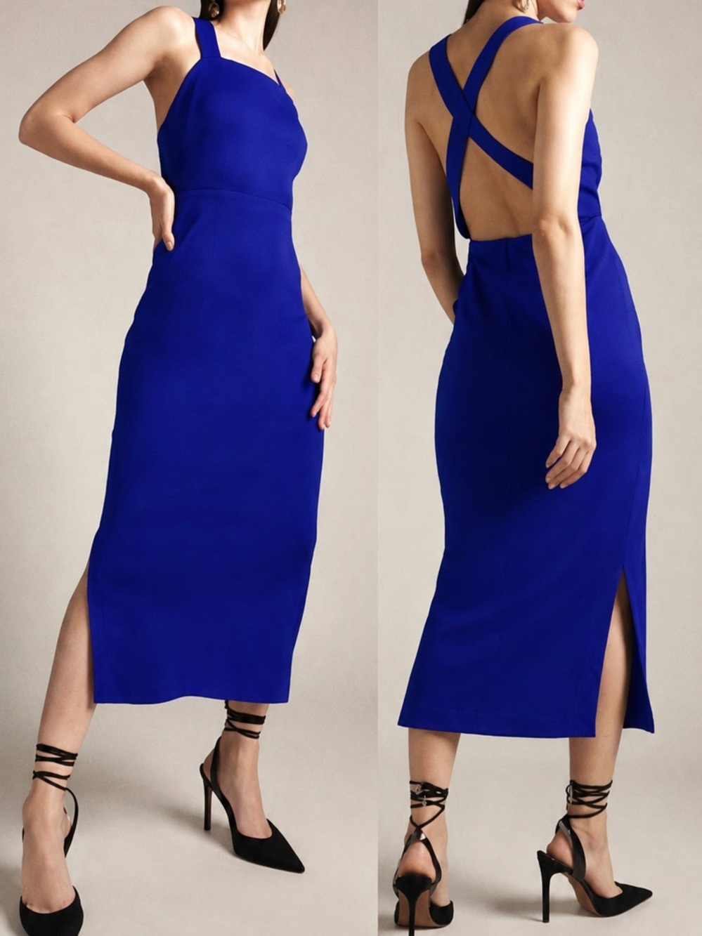 NWT Karen Millen Italian Structured Jersey Strappy Back Midi Dress Blue US 8